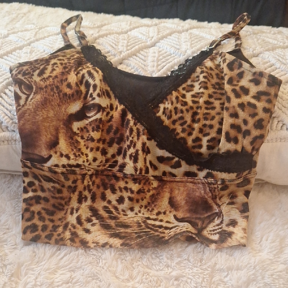 Leopard Print Tank Top with Black Lace Size M